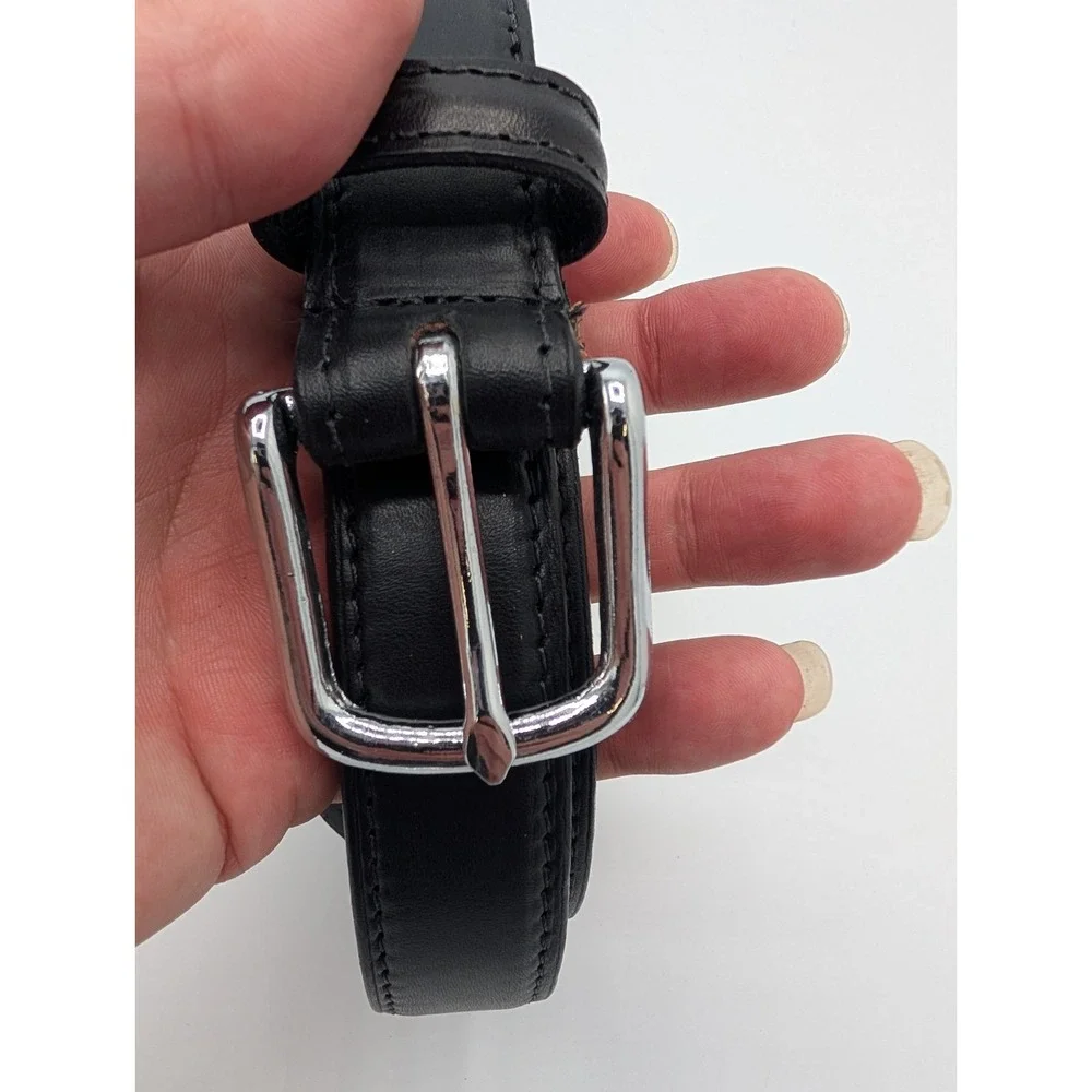 Boston Trader Black Leather Belt Staple Minimalist Silver Buckle Size 48
